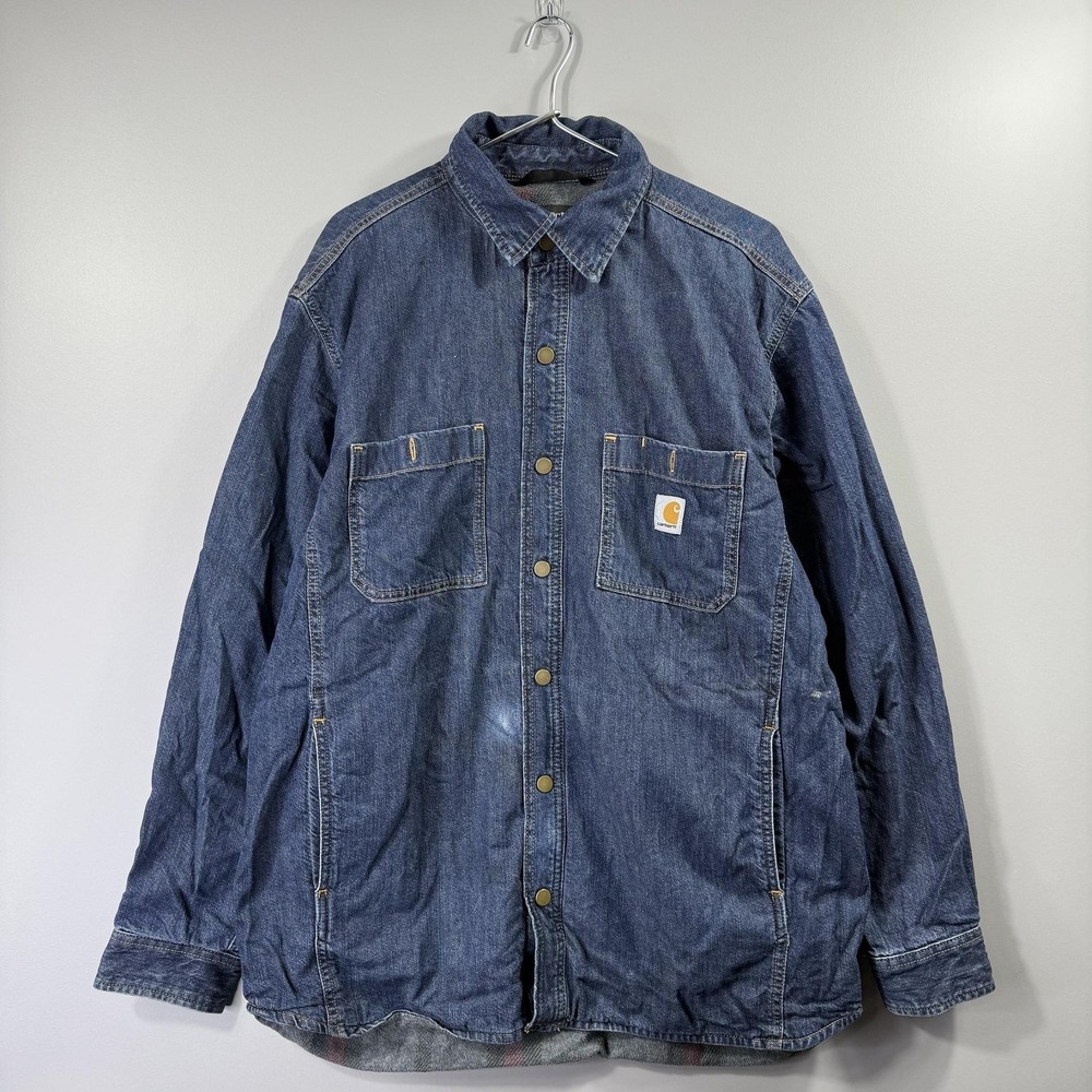 Carhartt Shirt Jacket Mens Large Blue Denim Lined Snap Front Workwear Relaxed